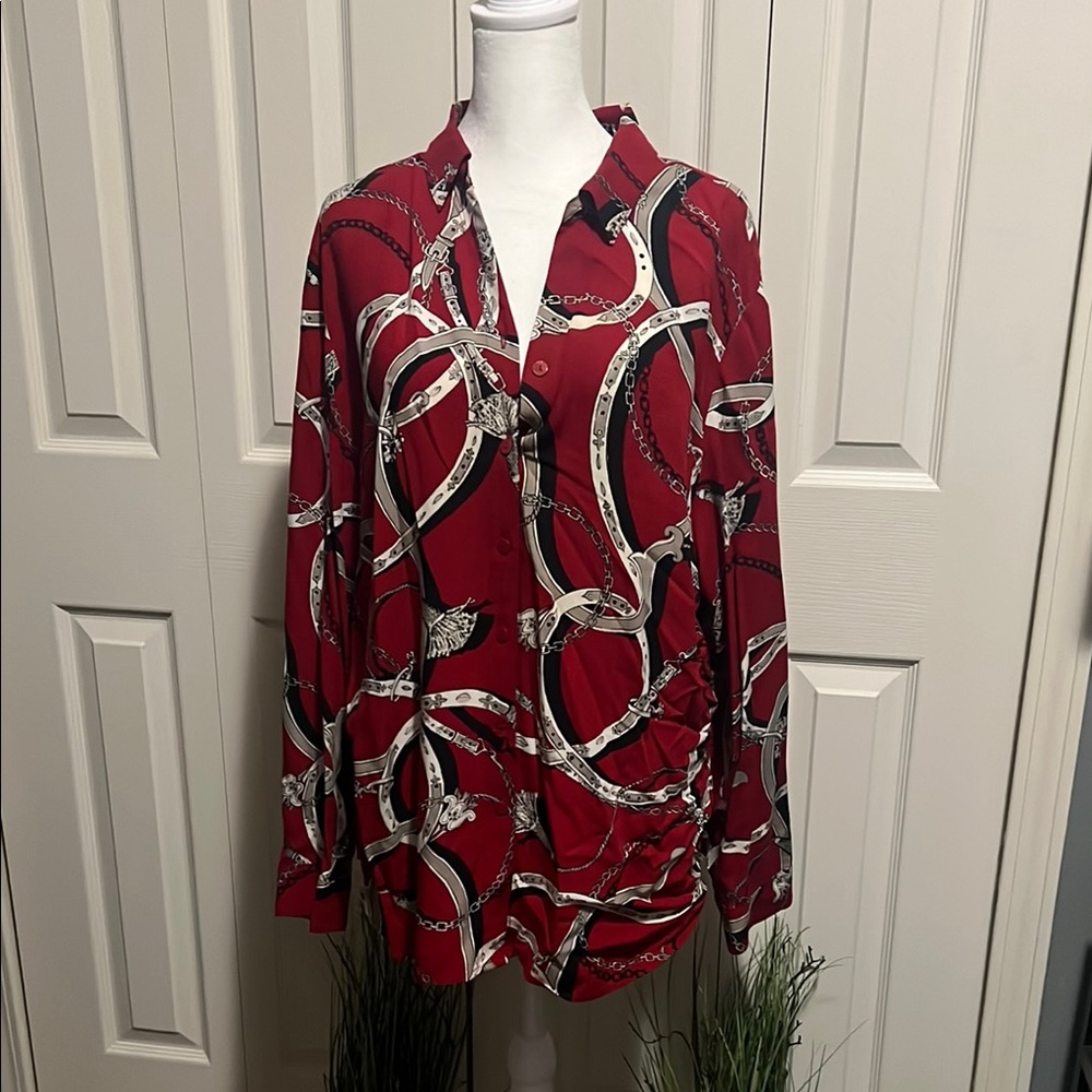 Chico's Red Graphic Long Sleeve Polo Button Down